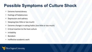 Possible Symptoms of Culture Shock
• Extreme homesickness
• Feelings of helplessness
• Depression and sadness
• Sleeping (too little or too much)
• Extreme changes in eating habits (too little or too much)
• Critical reaction to the host culture
• Irritability
• Boredom
• Ineffective academic work
 