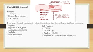 What Is HELLP Syndrome?
Acronym:
- Hemolysis
- Elevated Liver enzymes
- Low Platelets
It is a severe form of preeclampsia , often without classic signs like swelling or significant proteinuria.
Symptoms:
- Epigastric or RUQ pain
- Malaise, nausea/vomiting
- Headache
- Visual disturbances
Lab Findings:
- LDH ↑↑
- AST/ALT ↑↑
- Platelets <100,000
- Peripheral blood smear shows schistocytes
 