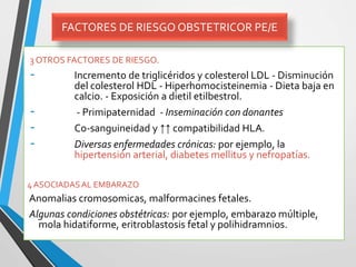 3 OTROS FACTORES DE RIESGO.
- Incremento de triglicéridos y colesterol LDL - Disminución
del colesterol HDL - Hiperhomocisteinemia - Dieta baja en
calcio. - Exposición a dietil etilbestrol.
- - Primipaternidad - Inseminación con donantes
- Co-sanguineidad y ↑↑ compatibilidad HLA.
- Diversas enfermedades crónicas: por ejemplo, la
hipertensión arterial, diabetes mellitus y nefropatías.
4 ASOCIADASAL EMBARAZO
Anomalias cromosomicas, malformacines fetales.
Algunas condiciones obstétricas: por ejemplo, embarazo múltiple,
mola hidatiforme, eritroblastosis fetal y polihidramnios.
FACTORES DE RIESGO OBSTETRICOR PE/E
 