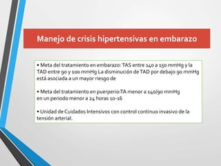 • Meta del tratamiento en embarazo:TAS entre 140 a 150 mmHg y la
TAD entre 90 y 100 mmHg La disminución deTAD por debajo 90 mmHg
está asociada a un mayor riesgo de
• Meta del tratamiento en puerperio:TA menor a 140/90 mmHg
en un periodo menor a 24 horas 10-16
• Unidad de Cuidados Intensivos con control continuo invasivo de la
tensión arterial.
Manejo de crisis hipertensivas en embarazo
 