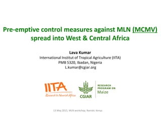 Pre-emptive control measures against MLN (MCMV)
spread into West & Central Africa
Lava Kumar
International Institut of Tropical Agriculture (IITA)
PMB 5320, Ibadan, Nigeria
L.kumar@cgiar.org
13 May 2015, MLN workshop, Nairobi, Kenya
 