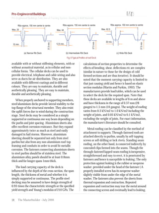 58 The Masterbuilder - July 2008
available with or without stiffening elements, with or
without acoustical material, as in cellular and non-
cellular forms. The cellular decks can be used to
provide electrical, telephone and cable wiring and also
serve as ducts for air distribution. They are also
available with different coatings and in different
colours. They are easy to maintain, durable and
aesthetically pleasing. They are easy to maintain,
durable and aesthetically pleasing.
When properly anchored to supporting members,
steel/aluminium decks provide lateral stability to the
top flange of the structural member. They also resist
the uplift forces due to wind during the construction
stage. Steel decks may be considered as a simply
supported or continuous one way beam depending on
the purlin and joist spacing. Aluminium sheets also
offer excellent corrosion resistance. But they expand
approximately twice as much as steel and easily
damaged in hail storms. Moreover, aluminium
sheeting should be separated not only from steel
purlins but also from any non-aluminium roof-top
framing and conduits in order to avoid bi-metallic
corrosion. The fasteners connecting aluminium sheets
to steel purlins should be of stainless steel. The
aluminium alloy panels should be at least 0.8mm
thick and for longer spans 1mm thick.
The load carrying capacity of the deck is
influenced by the depth of the cross-section, the span
length, the thickness of metal and whether it is
simply supported or continuous. The profile steel
decking may be assumed to have design strength of
0.93 times the characteristic strength or the specified
yield strength and Young's modulus of 210 GPa. The
Fig. 8Typical Profiles of roof Deck
calculations of section properties to determine the
effects of bending, shear, deflections etc are complex
(similar in nature to those for the design of cold
formed sections and are thus iterative). It should be
noted that the moment carrying capacity is limited to
that just causing yield and hence is based on elastic
section modulus (Martin and Purkiss, 1992). The
manufacturers provide load tables, which can be used
to select the deck for the required span. Note that
these decks are available in lengths of 6 m and above
and have thickness in the range of 0.37 mm (28
gauges) to 1.5 mm (16 gauges). The weight of roofing
varies from 0.3 kN/m2 to 1.0 kN/m2 including the
weight of joists, and 0.05 kN/m2 to 0.1 kN/m2,
excluding the weight of joists. For exact information,
the manufacturer's literature should be consulted.
Metal roofing can be classified by the method of
attachment to supports. Through-fastened roofs are
attached directly to purlins, usually by self-tapping
screws or self-drilling or lock rivets. Standing-seam
roofing, on the other hand, is connected indirectly by
concealed clips formed into the seams. Though the
through-fastened lapped-seam roofing is inexpensive,
straightforward and easy to erect, it is penetrated by
fasteners and hence is susceptible to leaking; The only
protection against leaking is the rubber or neoprene
washer provided under the head of the fastener ( A
properly installed screw has its neoprene washer
slightly visible from under the edge of the metal
washer. The fasteners also prevent the sheets from
thermal expansion and contraction. Repeated
expansion and contraction may tear the metal around
the connecting screws and eventually lead to leaking.
Pre-Engineered Buildings
Pre-Engineered Buildings Selection of Framing System, Roofing & Wall Materials
 