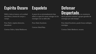 Espíritu Oscuro
Débil y lento al atacar, es la unidad
más básica y barata de cuerpo a
cuerpo.
Pros: Fácil y rápida obtención,
abundante.
Contras: Daño y Salud Mediocres.
Esqueleto
A pesar de su extremadamente baja
salud, es capaz de causar estragos en los
enemigos con su daño alto.
Pros: Daño Excelente.
Contras: Salud Baja.
Defensor
DespertadoNo tiene mucha fuerza, pero su resistencia
alta le permite contener a grupos grandes de
enemigos por más tiempo.
Pros: Salud Excelente, puede frenar múltiples
enemigos.
Contras: Daño Mediocre, escasos.
 