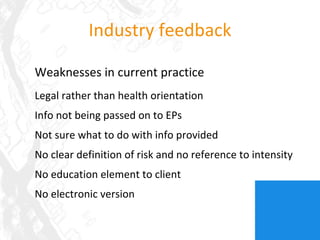 Industry feedback Weaknesses in current practice Legal rather than health orientation Info not being passed on to EPs Not sure what to do with info provided No clear definition of risk and no reference to intensity No education element to client No electronic version   