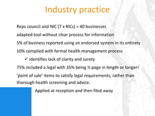 Industry practice Reps council and NIC (7 x RICs) = 40 businesses adapted tool without clear process for information 5% of business reported using an endorsed system in its entirety 10% complied with formal health management process identifies lack of clarity and surety  75% included a legal with 35% being ½ page in length or longer! ‘ point of sale ’  items to satisfy legal requirements, rather than thorough health screening and advice. Applied at reception and then filed away 