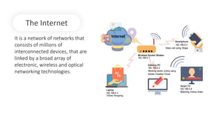 The Internet
It is a network of networks that
consists of millions of
interconnected devices, that are
linked by a broad array of
electronic, wireless and optical
networking technologies.
 