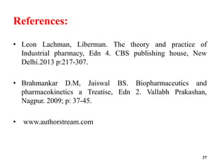 References:
• Leon Lachman, Liberman. The theory and practice of
Industrial pharmacy, Edn 4. CBS publishing house, New
Delhi.2013 p:217-307.
• Brahmankar D.M, Jaiswal BS. Biopharmaceutics and
pharmacokinetics a Treatise, Edn 2. Vallabh Prakashan,
Nagpur. 2009; p: 37-45.
• www.authorstream.com
37
 