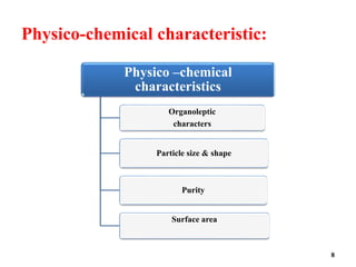 Physico-chemical characteristic:
8
Physico –chemical
characteristics
Organoleptic
characters
Particle size & shape
Purity
Surface area
 