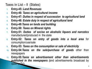 1. Entry-45: Land Revenues
2. Entry-46: Taxes on agricultural income
3. Entry-47: Duties in respect of succession to agricultural land
4. Entry-48: Estate duty in respect of agricultural land
5. Entry-49:Taxes on lands and building
6. Entry-50: Taxes on Mineral rights
7. Entry-51: Duties of excise on alcoholic liquors and narcotics
manufactured/produced in the state
8. Entry-52: Taxes on entry of goods into a local area for
consumption/use/sale
9. Entry-53: Taxes on the consumption or sale of electricity
10. Entry-54:Taxes on the sale/purchase of goods other than
newspapers
11. Entry-55:Taxes on advertisement other than advertisements
published in the newspapers (and advertisements broadcast by
radio or TV)
8
 