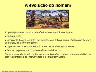   As principais características anatômicas dos hominídeos foram: postura ereta; locomoção bípede no solo, em substituição à braquiação (deslocamento com  os braços, de galho em galho); capacidade craniana superior à de outras famílias aparentadas ; dentes pequenos, com caninos não especializados. No processo de hominização surgiram também comportamentos distintivos, como a confecção de instrumentos e a linguagem verbal. Fonte:www.dinosaur.hpg.ig.com.br/humano.htm A evolução do homem 