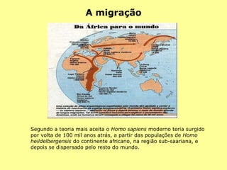 Segundo a teoria mais aceita o  Homo   sapiens  moderno teria surgido  por volta de 100 mil anos atrás, a partir das populações de  Homo   heildelbergensis  do continente africano, na região sub-saariana, e depois se dispersado pelo resto do mundo. A migração 