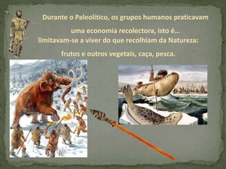 Durante o Paleolítico, os grupos humanos praticavam
uma economia recolectora, isto é…
limitavam-se a viver do que recolhiam da Natureza:
frutos e outros vegetais, caça, pesca.
 