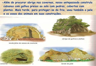 -Além de procurar abrigo nas cavernas, nosso antepassado construía
cabanas com galhos presos ao solo com pedras, cobertos com
plantas. Mais tarde, para proteger-se do frio, usou também a pele
e os ossos dos animais em suas construções.

 