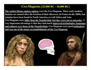 Cro-Magnons [25,000 BC - 10,000 BC]
The earliest Homo sapiens sapiens were the Cro-Magnons. These early modern
humans are named after the location of their discovery in France in the 1860s, but
remains have been found in North America, as well Africa and Asia.
Cro-Magnons were taller than the Neanderthal, but they were not as muscular. A
very important advantage is that they had much improved technologies, languages
and cultures over those of the Neanderthals. Cro-Magnons were good toolmakers
and was one of the major accomplishments of the Cro-Magnons.
 