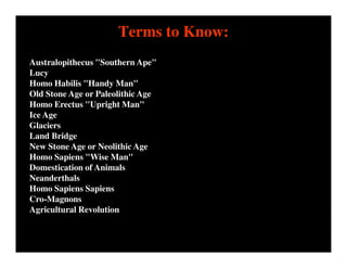 Terms to Know:
Australopithecus "Southern Ape"
Lucy
Homo Habilis "Handy Man"
Old Stone Age or Paleolithic Age
Homo Erectus "Upright Man"
Ice Age
Glaciers
Land Bridge
New Stone Age or Neolithic Age
Homo Sapiens "Wise Man"
Domestication of Animals
Neanderthals
Homo Sapiens Sapiens
Cro-Magnons
Agricultural Revolution
 