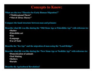 Concepts to Know:
What are the two “Theories for Early Human Migration?”
•“Multiregional Thesis”
•“Out of Africa Theory”
Compare the hand structure between man and primates
Describe what life was like during the “Old Stone Age or Paleolithic Age” with reference to:
•Shelter
•Paleolithic art
•Fire
•Language
•Use of Tools
Describe the “Ice Age” and the migration of man using the “Land Bridge”
Describe what life was like during the “New Stone Age or Neolithic Age” with reference to:
•Domestication of animals
•Tool Making
•Shelters
•Burials
Describe the Agricultural Revolution?
 