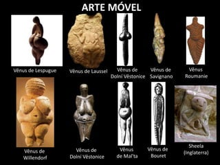 Vênus de Lespugue
Vênus de
Willendorf
Vênus de Laussel
Vênus de
Dolní Věstonice
Vênus de
Dolní Věstonice
Vênus
de Mal'ta
Vênus de
Savignano
Vênus de
Bouret
Vênus
Roumanie
Sheela
(Inglaterra)
ARTE MÓVEL
 