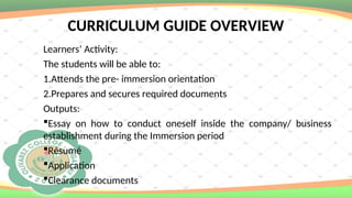 CURRICULUM GUIDE OVERVIEW
Learners’ Activity:
The students will be able to:
1.Attends the pre- immersion orientation
2.Prepares and secures required documents
Outputs:
Essay on how to conduct oneself inside the company/ business
establishment during the Immersion period
Résumé
Application
Clearance documents
 