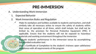 PRE-IMMERSION
A. Understanding Work Immersion
1. Expected Behavior
2. Work Immersion Rules and Regulation
 Make its workplace and facilities available to students and teachers, and shall
similarly take all necessary action to ensure the safety of students within
their areas of operation at all times, which shall include, but shall not be
limited to, the provision for Personal Protective Equipment (PPE), if
applicable. Ensure that the students will not be exposed to hazardous
materials and working environment throughout the immersion
 Evaluate students’ performance in the immersion venue by accomplishing
the provided evaluation tool.
 Issue a Certificate of Completion to the student’s trainees upon satisfactory
compliance with all requirements of the program
 