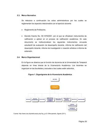 2.3. Marco Normativo

           Se relaciona a continuación los actos administrativos por los cuales se
           reglamentan los aspectos relacionados con el ejercicio docente:


               Reglamento de Profesores.


               Decreto Exento No. 00.1478/2001, por el que se oficializan instrumentos de
                calificación a aplicar en el proceso de calificación académica. En este
                documento      se    institucionalizan    los   siguientes       instrumentos:   encuesta
                estudiantil de evaluación de desempeño docente, informe de calificación del
                desempeño docente, informe de investigación o creación artística e informe de
                extensión.


     2.4. Marco Organizacional

           En la figura se observa que la función de docencia de la Universidad de Tarapacá
           depende en línea directa de la Vicerrectoría Académica. Los docentes se
           organizan en las facultades y escuelas a las cuales están adscritos,


                     Figura 1. Organigrama de la Vicerectoría Académica




Fuente: http://www.uta.cl/portal/cuerpo.php?op_p=21 (Recuperado, Agosto 2011).




                                                                                                 Página 39
 