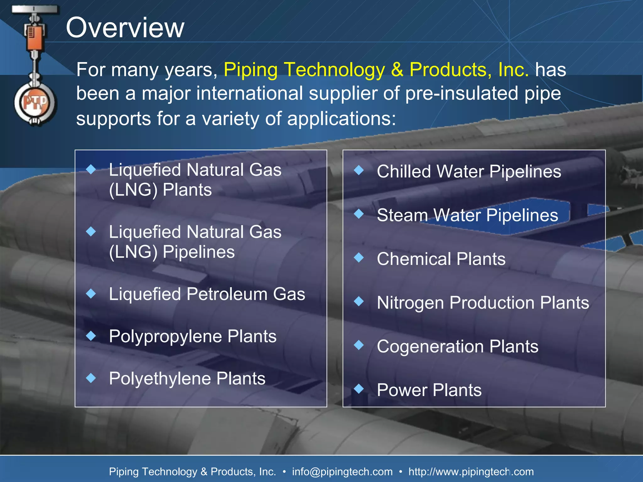 Overview Liquefied Natural Gas  (LNG) Plants  Liquefied Natural Gas  (LNG) Pipelines Liquefied Petroleum Gas  Polypropylene Plants Polyethylene Plants For many years,  Piping Technology & Products, Inc.  has been a major international supplier of pre-insulated pipe supports for a variety of applications:   Chilled Water Pipelines Steam Water Pipelines Chemical Plants Nitrogen Production Plants Cogeneration Plants Power Plants 