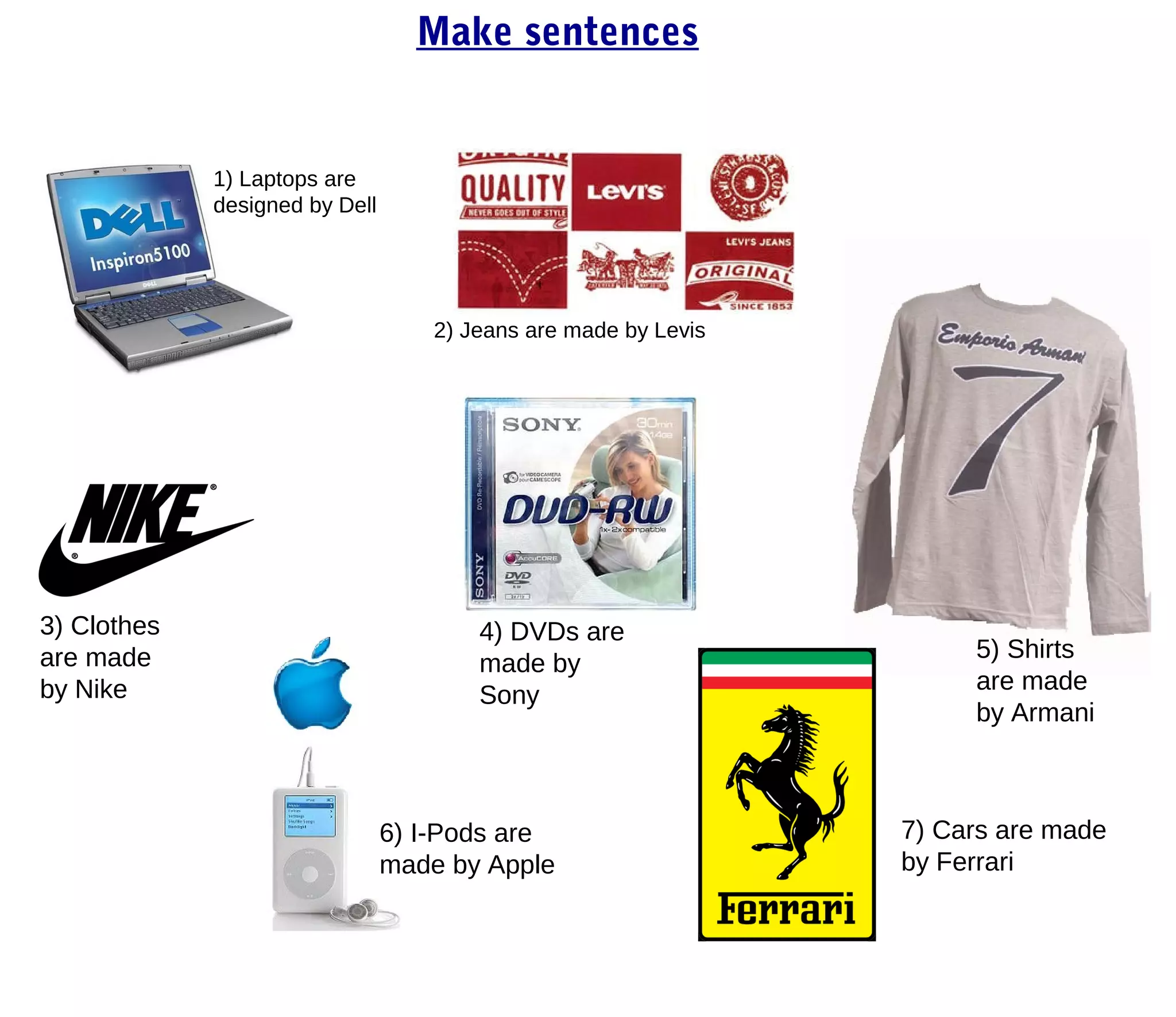 Make sentences


             1) Laptops are
             designed by Dell




                                    2) Jeans are made by Levis




3) Clothes                              4) DVDs are
are made                                                              5) Shirts
                                        made by
by Nike                                                               are made
                                        Sony
                                                                      by Armani



                                6) I-Pods are                    7) Cars are made
                                made by Apple                    by Ferrari
 