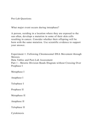 Pre-Lab Questions
What major event occurs during interphase?
A person, residing in a location where they are exposed to the
sun often, develops a mutation in some of their skin cells
resulting in cancer. Consider whether their offspring will be
born with the same mutation. Use scientific evidence to support
your answer.
Experiment 1: Following Chromosomal DNA Movement through
Meiosis
Data Tables and Post-Lab Assessment
Part 1 - Meiotic Division Beads Diagram without Crossing Over
Prophase I
Metaphase I
Anaphase I
Telophase I
Prophase II
Metaphase II
Anaphase II
Telophase II
Cytokinesis
 