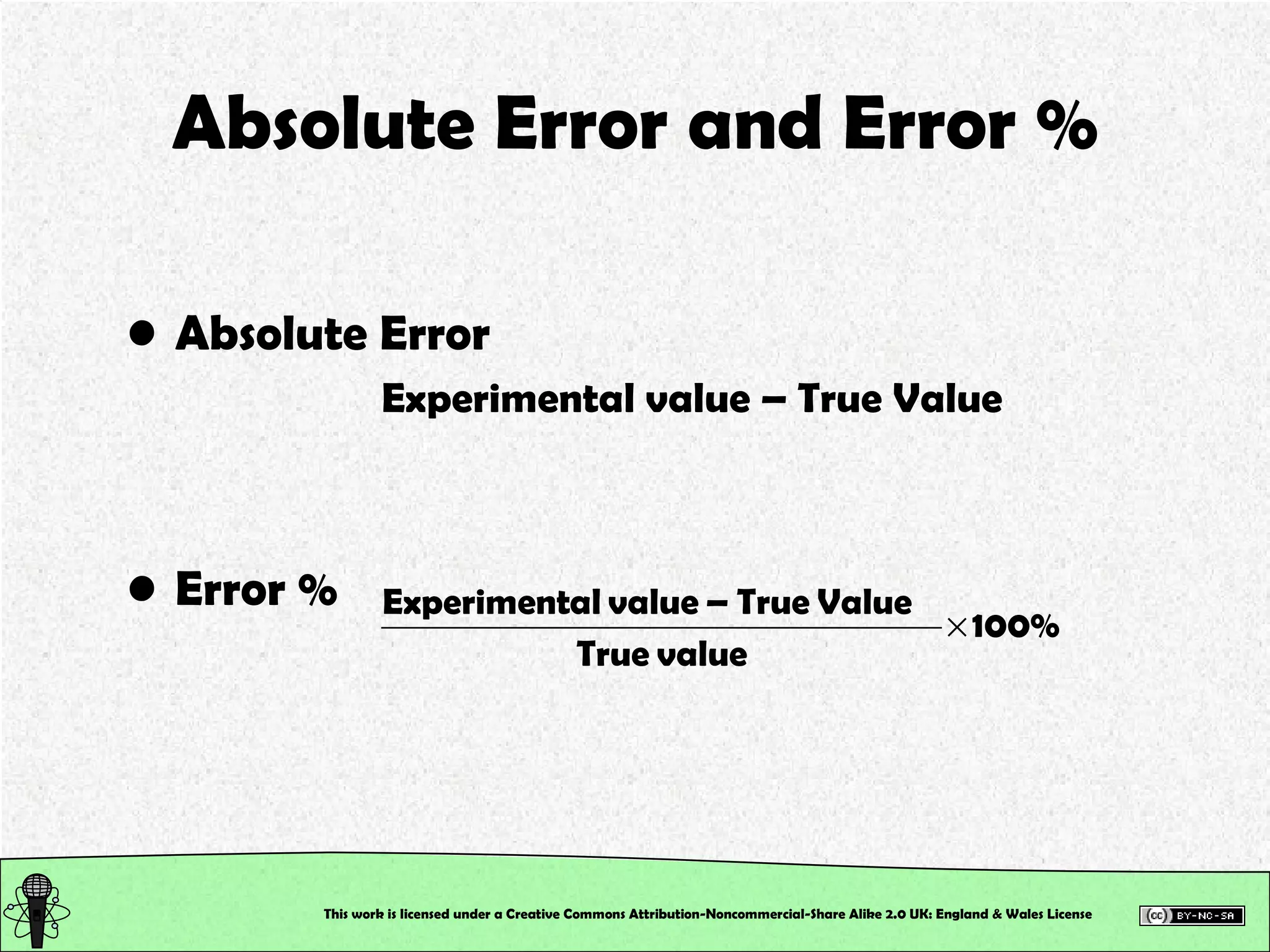Absolute Error and Error % Absolute Error Experimental value – True Value Error % This work is licensed under a Creative Commons Attribution-Noncommercial-Share Alike 2.0 UK: England & Wales License   