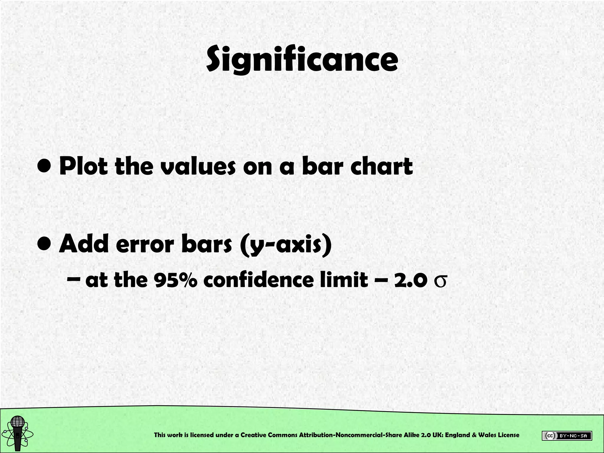 Significance Plot the values on a bar chart Add error bars (y-axis)  at the 95% confidence limit – 2.0   This work is licensed under a Creative Commons Attribution-Noncommercial-Share Alike 2.0 UK: England & Wales License   