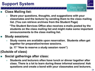 24
Support System
 Class Mailing list:
 Share your questions, thoughts, and suggestions with your
classmates and the lecturer by sending them to the class mailing
list. (You can retrieve archives from the Student Page)
*The Student Services Office also receives e-mails posted by the
students on the class mailing list and might make some important
announcements to the class mailing list.
 Study sessions:
 Study rooms are available upon reservation. Students often get
together for preparation/review sessions.
(p. 17 “How to reserve a study session room”)
(Outside of class)
 Social gatherings after class:
 Students and lecturers often have lunch or dinner together after
class. There is a lot to learn during these informal sessions! Ask
questions and create a bond with your classmates and lecturers.
Class Guide
P. 7-9, 17-19
 