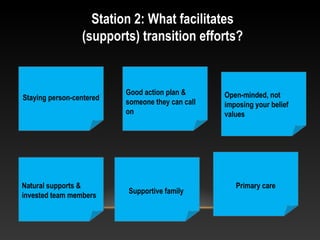 Station 2: What facilitates
(supports) transition efforts?
Staying person-centered
Good action plan &
someone they can call
on
Open-minded, not
imposing your belief
values
Natural supports &
invested team members
Supportive family
Primary care
 