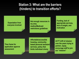 Station 3: What are the barriers
(hinders) to transition efforts?
Expectation from
everyone involved
Not enough resources in
my area,
medics/Medicaid
restrictions guidelines
Funding, lack of
appropriate services,
lack of insight, and
motivation
Time frame for
application approve
assessment
Affordable/accessible
housing, community-
based personal assistant
services, policy that
limits individual choice
ACTT drift of mission
over the years trying to
partner, equip,
encourage staff to join
our “mission”
 
