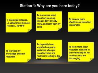 Station 1: Why are you here today?
1. Interested in topics,
i.e. Job/work 2. Increase
referrals... for MFP
To learn more about
transition planning,
things I don’t already
know, and learn from my
peers
To become more
effective as a transition
coordinator
To increase my
knowledge of comm
resources
To hopefully learn
ways/techniques to
assist me when pts
transition from one
healthcare setting to the
next
To learn more about
resources available in
the community for my
residents who are
discharging
 