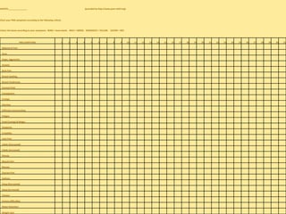 MONTH________________                                                        (provided by http://www.pms-relief.org)



Chart your PMS symptoms according to the following criteria.



Colour the boxes according to your symptoms: NONE = leave blank. MILD = GREEN. MODERATE = YELLOW. SEVERE = RED




                     PMS SYMPTOMS                          1   2   3     4        5      6      7       8      9       10   11   12   13   14   15   16   17   18   19   20   21   22   23   24   25   26   27   28   29   30   31

 Abdominal Pain

 Acne

 Anger, Aggression

 Anxiety

 Back Pain

 Breast Swelling

 Breast Tenderness

 Cervical Fluid

 Constipation

 Cramps

 Diarrhea

 Difficulty Concentrating

 Fatigue

 Food Cravings & Binges

 Headache

 Irritability

 Joint Pain

 Libido (Decreased)

 Libido (Increased)

 Moody

 Muscle Pain

 Nausea

 Ovarian Pain

 Sadness

 Sleep (Decreased)

 Sleep (Increased)

 Tension

 Urinary difficulties

 Water Retention

 Weight Gain
 