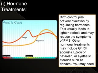 (i) Hormone
Treatments
              Birth control pills
              prevent ovulation by
              regulating hormones.
              This usually leads to
              lighter periods and may
              reduce the symptoms
              of PMS. Other
              hormonal treatments
              may include GnRH
              agonists lupron or
              nafarelin, or synthetic
              steroids such as
              danazol. You may need
              to try more than one
              type before you find
 