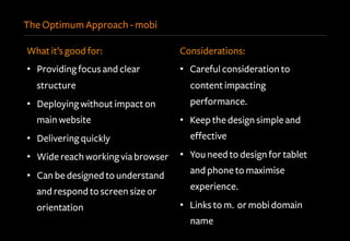 The Optimum Approach - mobi
What it’s good for:
•  Providing focus and clear
structure
•  Deploying without impact on
main website
•  Delivering quickly
•  Wide reach working via browser
•  Can be designed to understand
and respond to screen size or
orientation
Considerations:
•  Careful consideration to
content impacting
performance.
•  Keep the design simple and
effective
•  You need to design for tablet
and phone to maximise
experience.
•  Links to m. or mobi domain
name
 