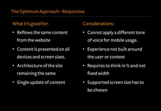 The Optimum Approach - Responsive
What it’s good for:
•  Reflows the same content
from the website
•  Content is presented on all
devices and screen sizes.
•  Architecture of the site
remaining the same
•  Single update of content
Considerations:
•  Cannot apply a different tone
of voice for mobile usage.
•  Experience not built around
the user or context
•  Requires to think in % and not
fixed width
•  Supported screen size has to
be chosen
 