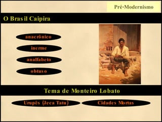O Brasil Caipira anacrônico inerme analfabeto Tema de Monteiro Lobato obtuso Urupês (Jeca Tatu) Cidades Mortas Pré-Modernismo 