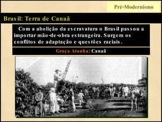Brasil: Terra de Canaã Com a abolição da escravatura o Brasil passou a importar mão-de-obra estrangeira. Surgem os conflitos de adaptação e questões raciais. Graça Aranha : Canaã Pré-Modernismo 