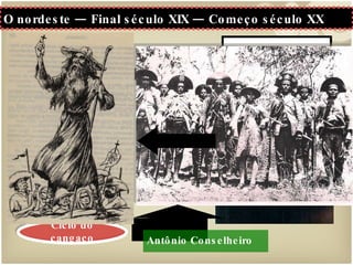 O nordeste — Final século XIX — Começo século XX Revolta de Canudos: Outubro de 1886  Milagres de Padre Cícero ‘Padim Ciço’  Ciclo do cangaço Antônio Conselheiro 