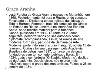 Graça Aranha
 José Pereira da Graça Aranha nasceu no Maranhão, em
1868. Posteriormente, foi para o Recife, onde cursou a
Faculdade de Direito na época agitada das idéias de
Tobias Barreto. Formado, trabalha como juiz de Direito
no Estado do Rio de Janeiro e no interior do Espírito
Santo, onde recolhe material para o romance
Canaã, publicado em 1902. Durante os 20 anos
seguintes, percorre vários países europeus como
diplomata, acompanhando, assim, os rumos da arte
moderna. Em 1922, participa da Semana de Arte
Moderna, proferindo seu discurso inaugural, no dia 13 de
fevereiro. Curiosa foi sua passagem pela Academia
Brasileira de Letras: em 1897, torna-se um de seus
fundadores sem ter, contudo, publicado livros. Em
1924, após a conferência "O Espírito Moderno", desliga-
se da Academia. Depois disso, não exerce mais
influência sobre o grupo dos modernistas. Falece a 26 de
janeiro de 1931.
 