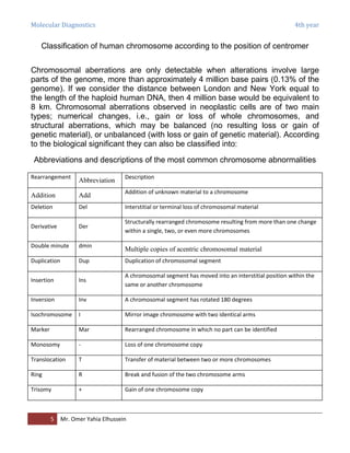 Molecular Diagnostics 4th year
5 Mr. Omer Yahia Elhussein
Classification of human chromosome according to the position of centromer
Chromosomal aberrations are only detectable when alterations involve large
parts of the genome, more than approximately 4 million base pairs (0.13% of the
genome). If we consider the distance between London and New York equal to
the length of the haploid human DNA, then 4 million base would be equivalent to
8 km. Chromosomal aberrations observed in neoplastic cells are of two main
types; numerical changes, i.e., gain or loss of whole chromosomes, and
structural aberrations, which may be balanced (no resulting loss or gain of
genetic material), or unbalanced (with loss or gain of genetic material). According
to the biological significant they can also be classified into:
Abbreviations and descriptions of the most common chromosome abnormalities
Rearrangement
Abbreviation
Description
Addition Add
Addition of unknown material to a chromosome
Deletion Del Interstitial or terminal loss of chromosomal material
Derivative Der
Structurally rearranged chromosome resulting from more than one change
within a single, two, or even more chromosomes
Double minute dmin
Multiple copies of acentric chromosomal material
Duplication Dup Duplication of chromosomal segment
Insertion Ins
A chromosomal segment has moved into an interstitial position within the
same or another chromosome
Inversion Inv A chromosomal segment has rotated 180 degrees
Isochromosome I Mirror image chromosome with two identical arms
Marker Mar Rearranged chromosome in which no part can be identified
Monosomy - Loss of one chromosome copy
Translocation T Transfer of material between two or more chromosomes
Ring R Break and fusion of the two chromosome arms
Trisomy + Gain of one chromosome copy
 