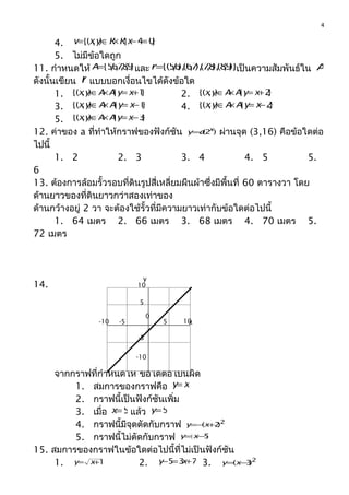 4. }04|),{( =−×∈= xRRyxv
5. ไม่มีข้อใดถูก
11. กำำหนดให้ }9,8,7,6,5{=A และ )}9,8(),8,7(),7,6(),6,5{(=r เป็นควำมสัมพันธ์ใน A
ดังนั้นเขียน r แบบบอกเงื่อนไขได้ดังข้อใด
1. }1|),{( +=×∈ xyAAyx 2. }2|),{( +=×∈ xyAAyx
3. }1|),{( −=×∈ xyAAyx 4. }2|),{( −=×∈ xyAAyx
5. }3|),{( −=×∈ xyAAyx
12. ค่ำของ a ที่ทำำให้กรำฟของฟังก์ชัน )2( x
ay= ผ่ำนจุด (3,16) คือข้อใดต่อ
ไปนี้
1. 2 2. 3 3. 4 4. 5 5.
6
13. ต้องกำรล้อมรั้วรอบที่ดินรูปสี่เหลี่ยมผืนผ้ำซึ่งมีพื้นที่ 60 ตำรำงวำ โดย
ด้ำนยำวของที่ดินยำวกว่ำสองเท่ำของ
ด้ำนกว้ำงอยู่ 2 วำ จะต้องใช้รั้วที่มีควำมยำวเท่ำกับข้อใดต่อไปนี้
1. 64 เมตร 2. 66 เมตร 3. 68 เมตร 4. 70 เมตร 5.
72 เมตร
14.
จำกกรำฟที่กำำหนดให้ ข้อใดต่อไปนี้ผิด
1. สมกำรของกรำฟคือ xy=
2. กรำฟนี้เป็นฟังก์ชันเพิ่ม
3. เมื่อ 5=x แล้ว 5=y
4. กรำฟนี้มีจุดตัดกับกรำฟ 2
)2( +−= xy
5. กรำฟนี้ไม่ตัดกับกรำฟ 5−=xy
15. สมกำรของกรำฟในข้อใดต่อไปนี้ที่ไม่เป็นฟังก์ชัน
1. 1+= xy 2. 735 +=− xy 3. 2
)3( −= xy
4
0
5
10
-5
-10
5 10-5-10 x
y
 