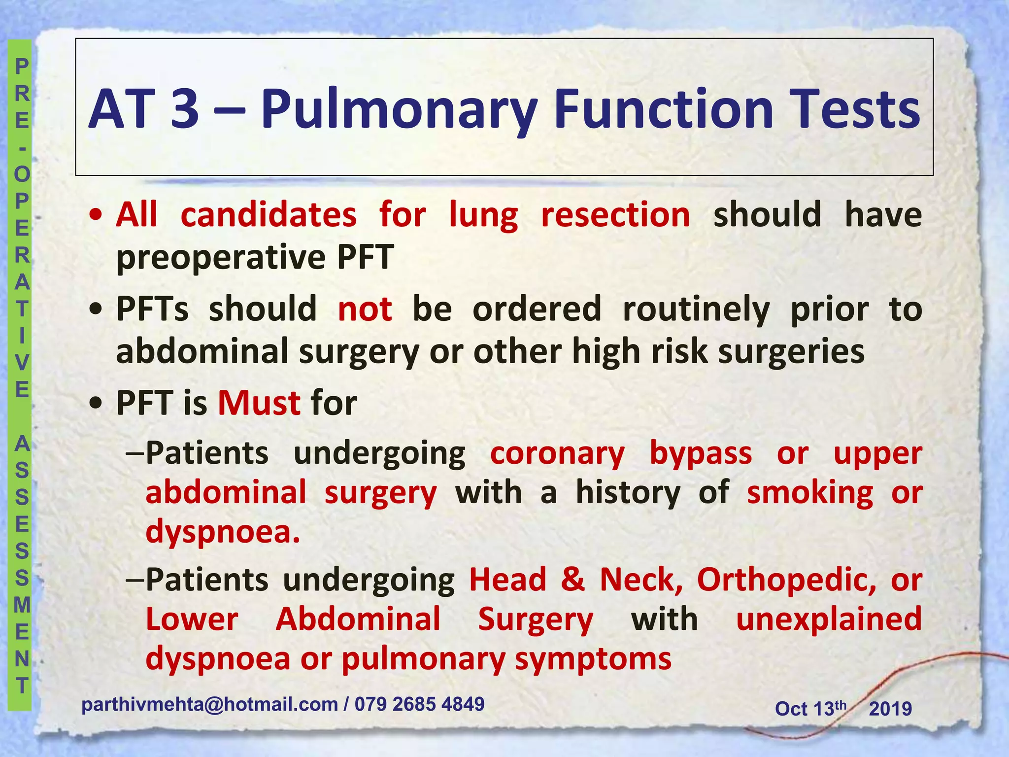 Pre operative pulmonary evaluation 2019 | PPTX