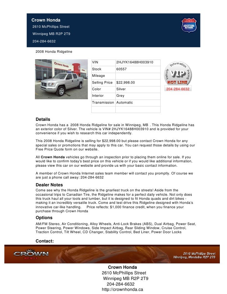 Crown Honda Mcphillips >> Pre Owned 2008 Honda Ridgeline For Sale In Winnipeg Crown Honda Mcphillips >> Pre Owned 2008 Honda Ridgeline For Sale In Winnipeg