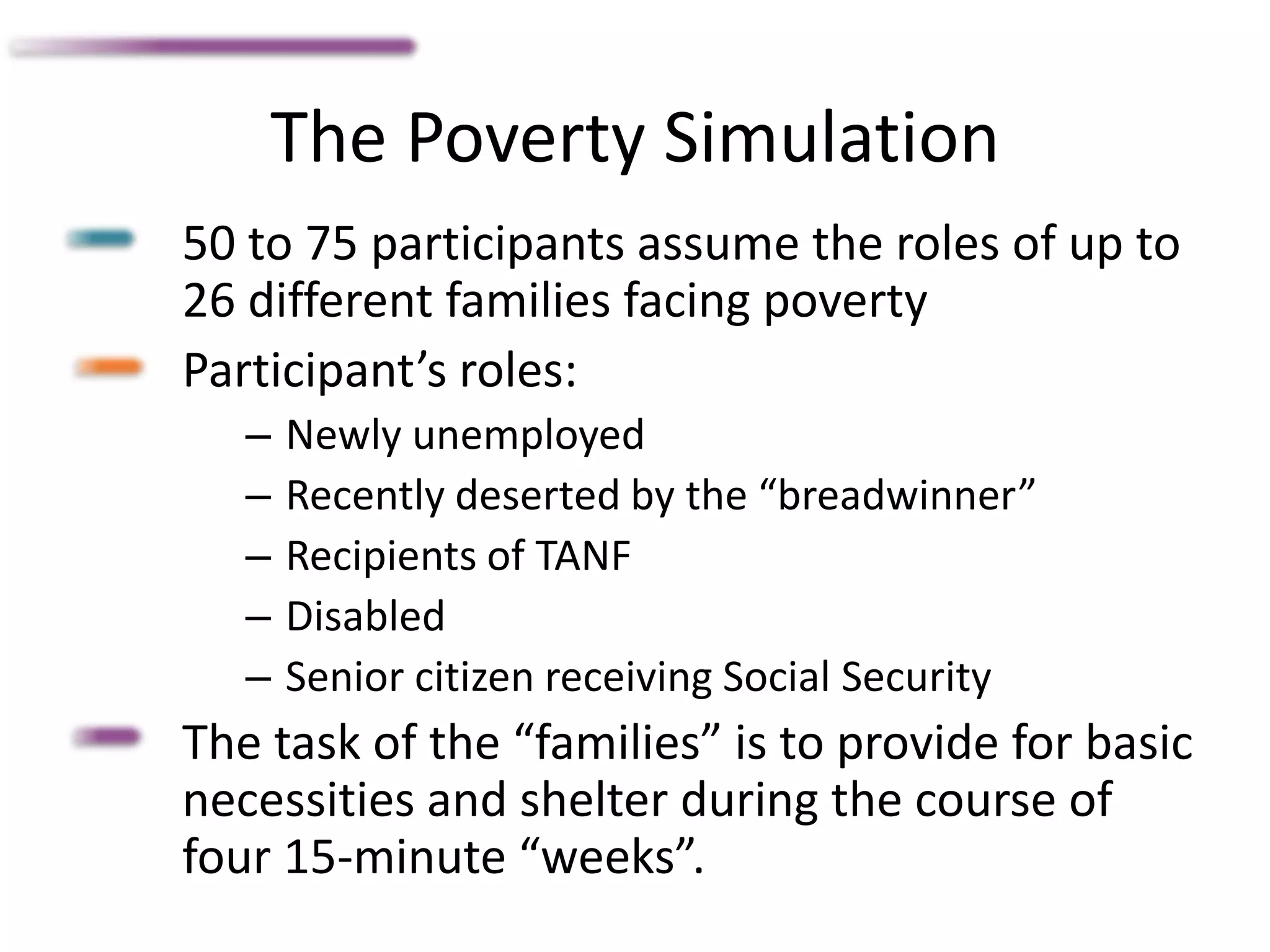 The Poverty Simulation
50 to 75 participants assume the roles of up to
26 different families facing poverty
Participant’s roles:
– Newly unemployed
– Recently deserted by the “breadwinner”
– Recipients of TANF
– Disabled
– Senior citizen receiving Social Security
The task of the “families” is to provide for basic
necessities and shelter during the course of
four 15-minute “weeks”.
 
