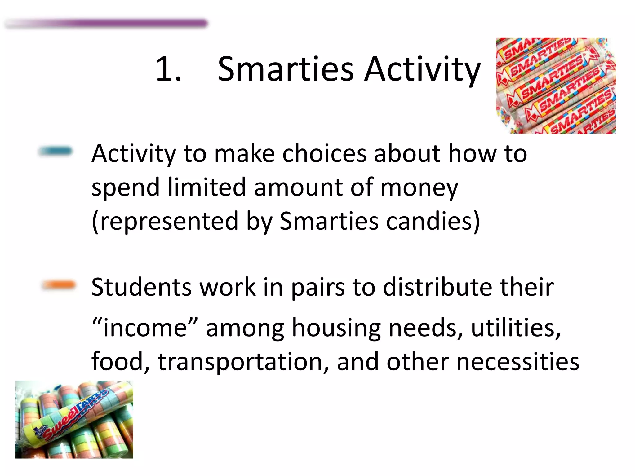 1. Smarties Activity
Activity to make choices about how to
spend limited amount of money
(represented by Smarties candies)
Students work in pairs to distribute their
“income” among housing needs, utilities,
food, transportation, and other necessities
 