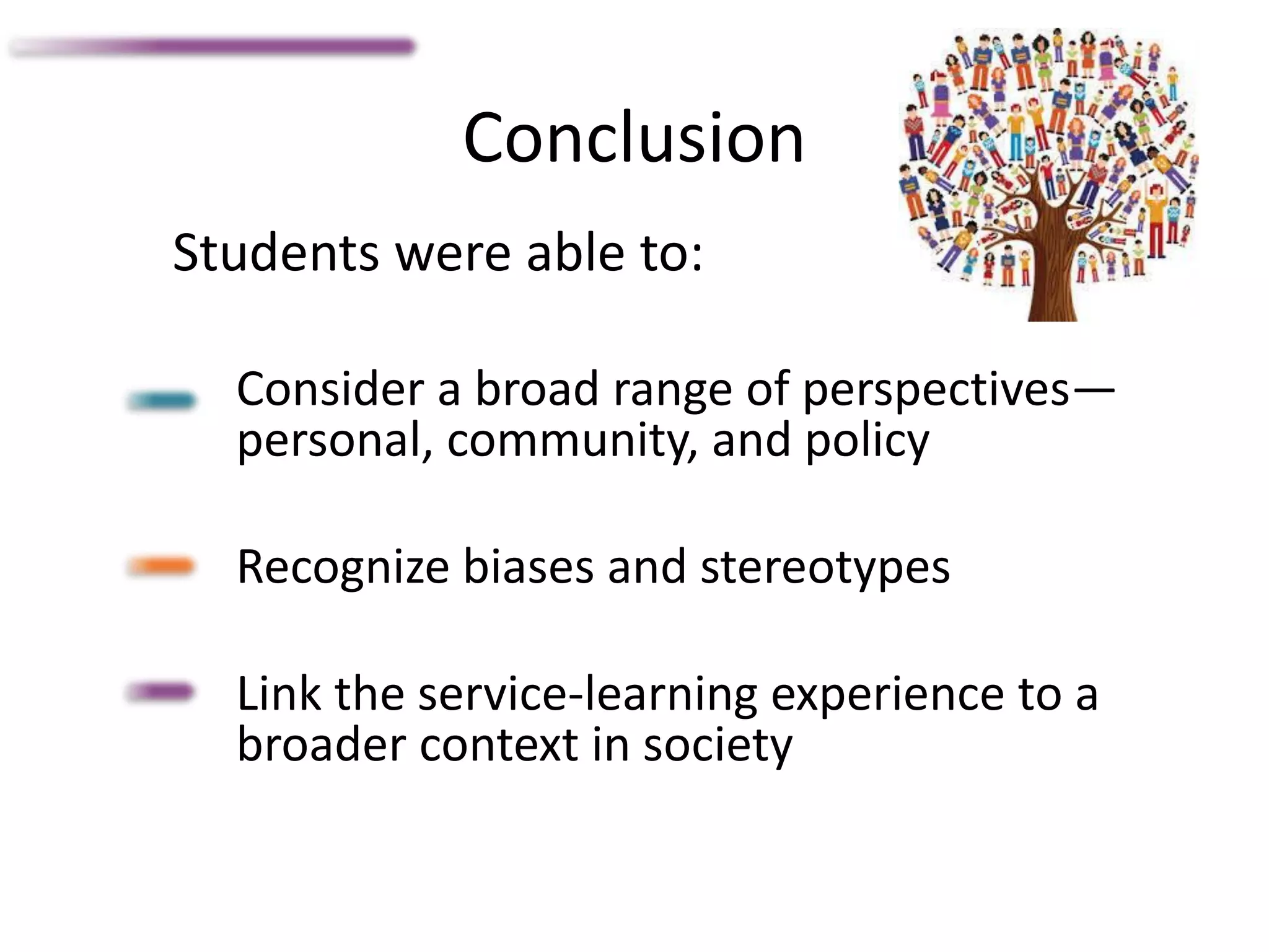 Conclusion
Students were able to:
Consider a broad range of perspectives—
personal, community, and policy
Recognize biases and stereotypes
Link the service-learning experience to a
broader context in society
 