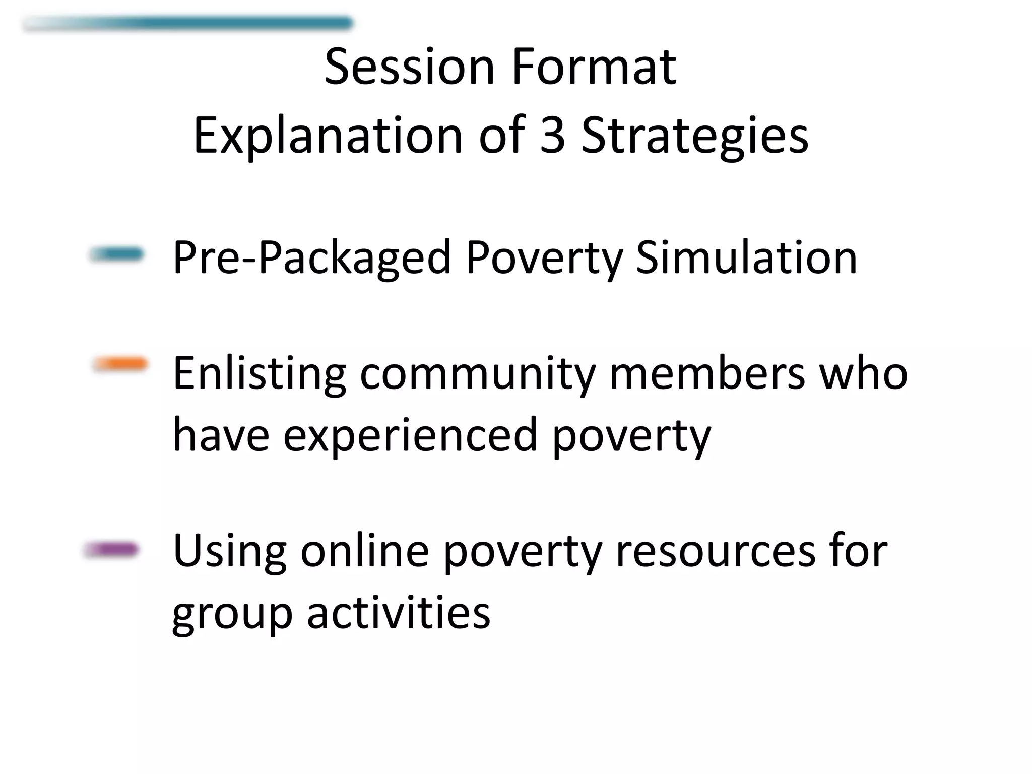 Session Format
Explanation of 3 Strategies
Pre-Packaged Poverty Simulation
Enlisting community members who
have experienced poverty
Using online poverty resources for
group activities
 