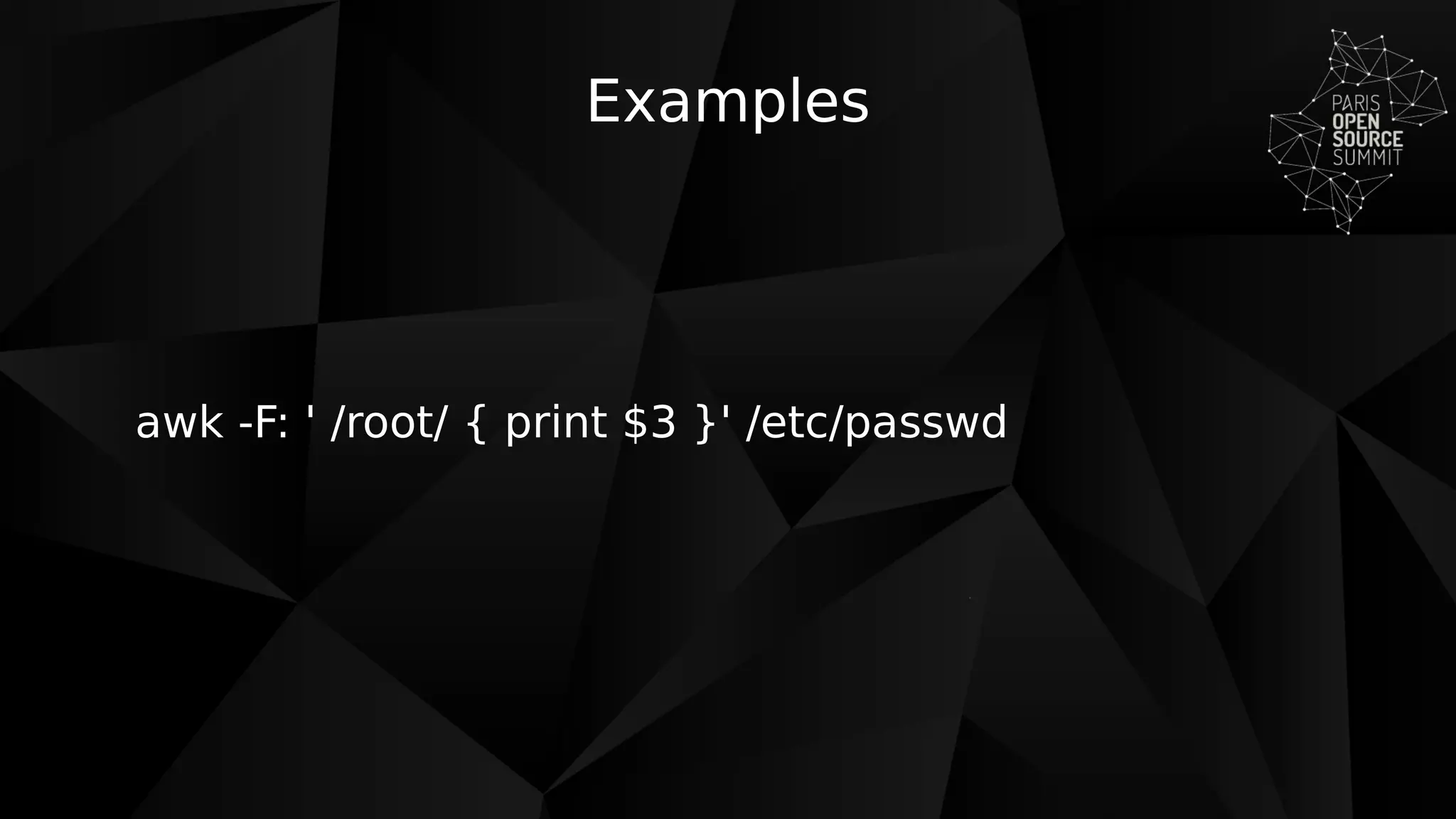 Examples
awk -F: ' /root/ { print $3 }' /etc/passwd
 